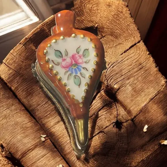 Rare Authentic Limoges Fireplace Bellow Chamart Trinket Box, Pillbox Floral